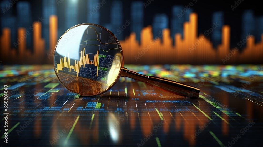 Aufkleber Financial growth data and statistics are analyzed using a chart and magnifying glass for successful business analysis investment finance stocks reports and digital marketing profits