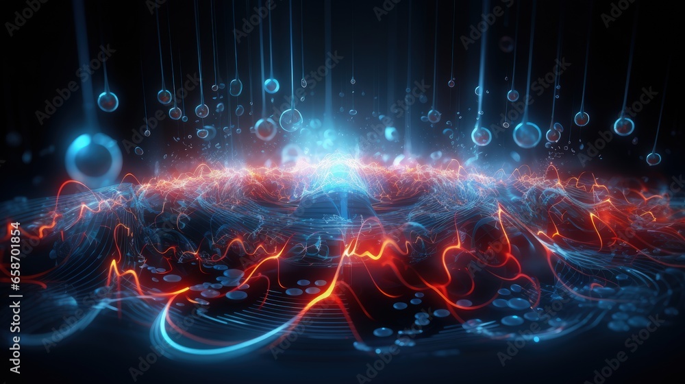 Poster High tech innovation revolves around big data and AI neural networks with emotional music and vibrant strings