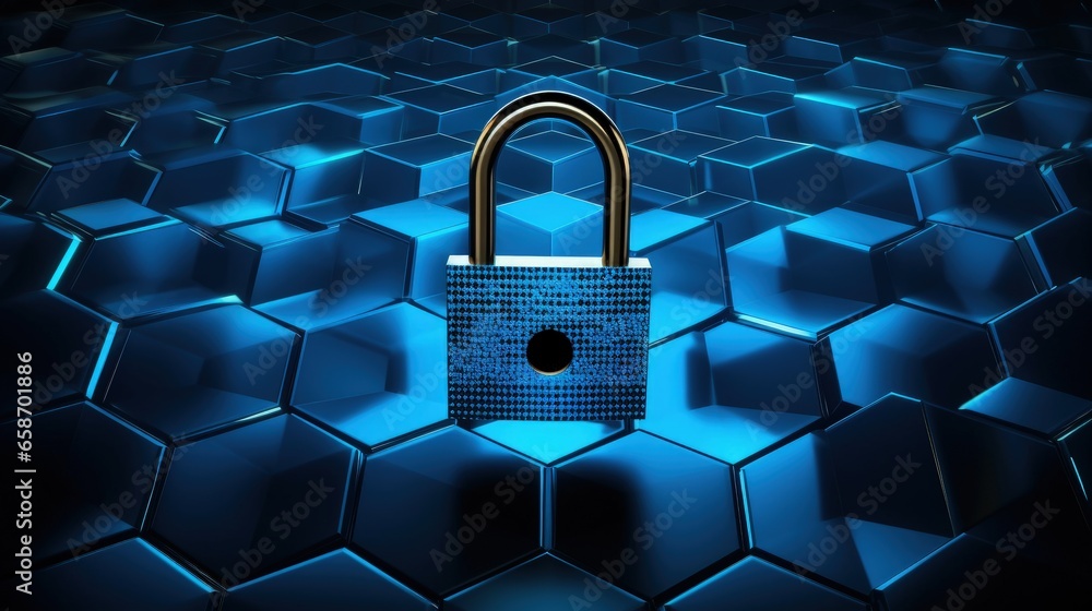 Aufkleber 3d rendered hexagonal background with black and blue abstract padlock icon