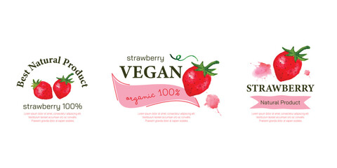 Organic natural food labels set. Watercolor hand drawn sketch strawberry. Farmers market logo banners. Vector illustration