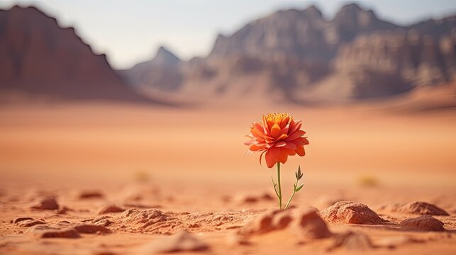 Conceptual wallpaper background featuring a solitary desert flower in Wadi Rum Jordan