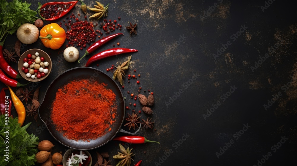 Poster ingredients needed empty cast iron skillet pepper and spices food theme with space for text