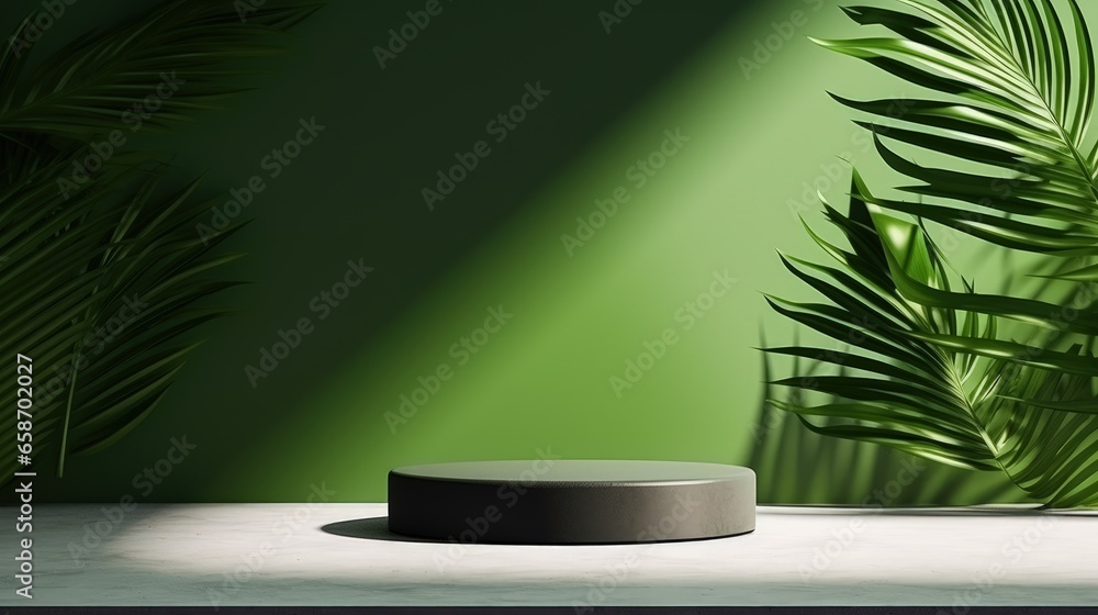 Poster 3d rendering of a minimalist wooden podium with a palm leaf shadow on a green concrete wall backgrou
