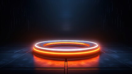 3D illustration of neon light ring on dark floor