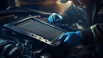 Maintaining car care service by checking cleaning and replacing car air filters - obrazy, fototapety, plakaty
