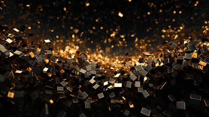 Golden geometric confetti falling on black background, metallic cubes and triangles
