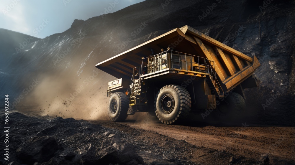 Poster dump truck pictured on open pit coal mine used for transporting coal as mining machinery