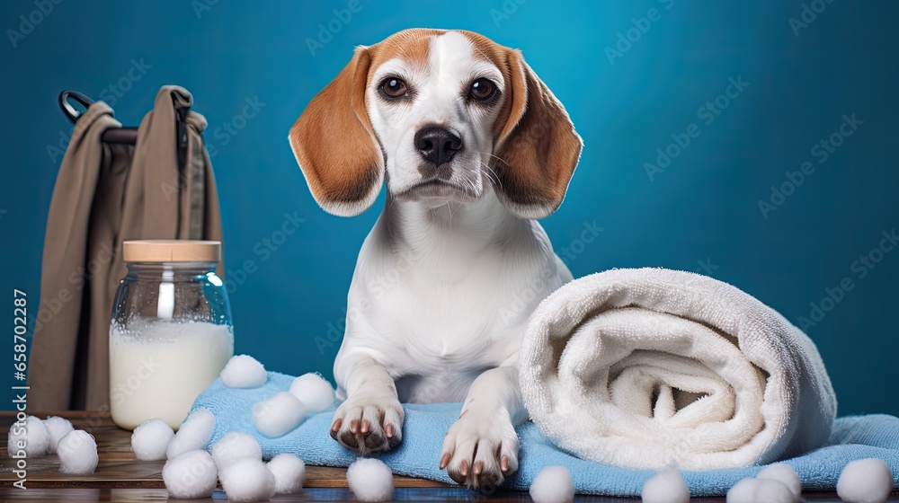 Aufkleber clean beagle in a towel with bubbles on a blue background with grooming products