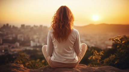 A calm woman meditating at sunset, with a blurred background, representing stress relief and mental wellness.