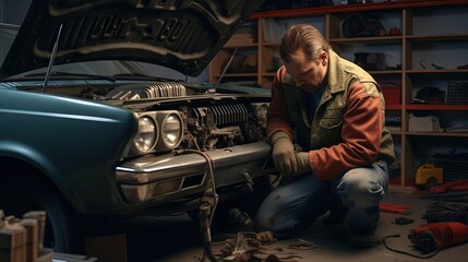 Auto service worker disassembles car door for various improvements including repairs tuning sound and adding insulation - obrazy, fototapety, plakaty