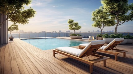 Modern building with sea view 3D rendering of a swimming pool terrace with wooden floors and rattan sun bed