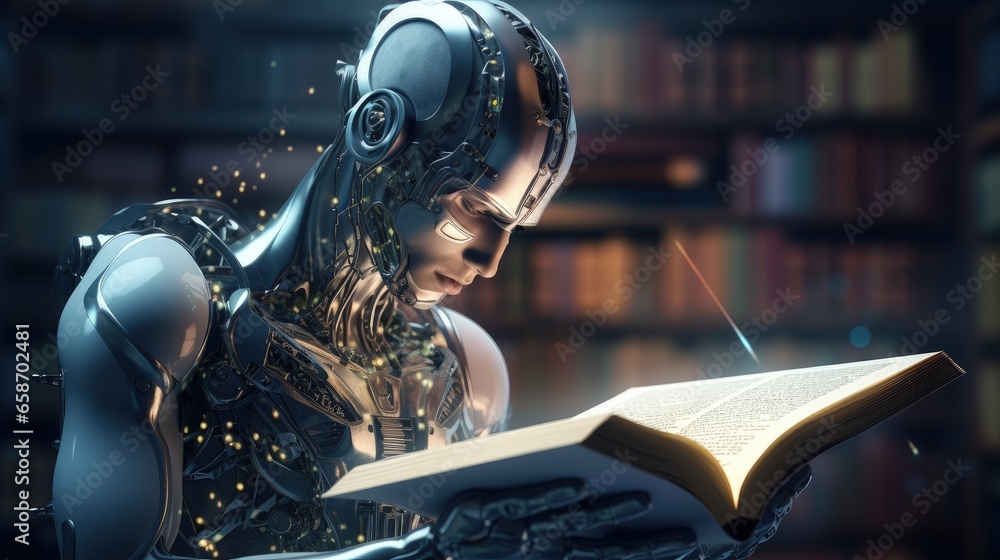Poster illustration of a future library where intelligent machines with artificial intelligence and deep le