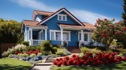 Attractive appearance with blue paint and red roof Pleasant front yard layout - obrazy, fototapety, plakaty