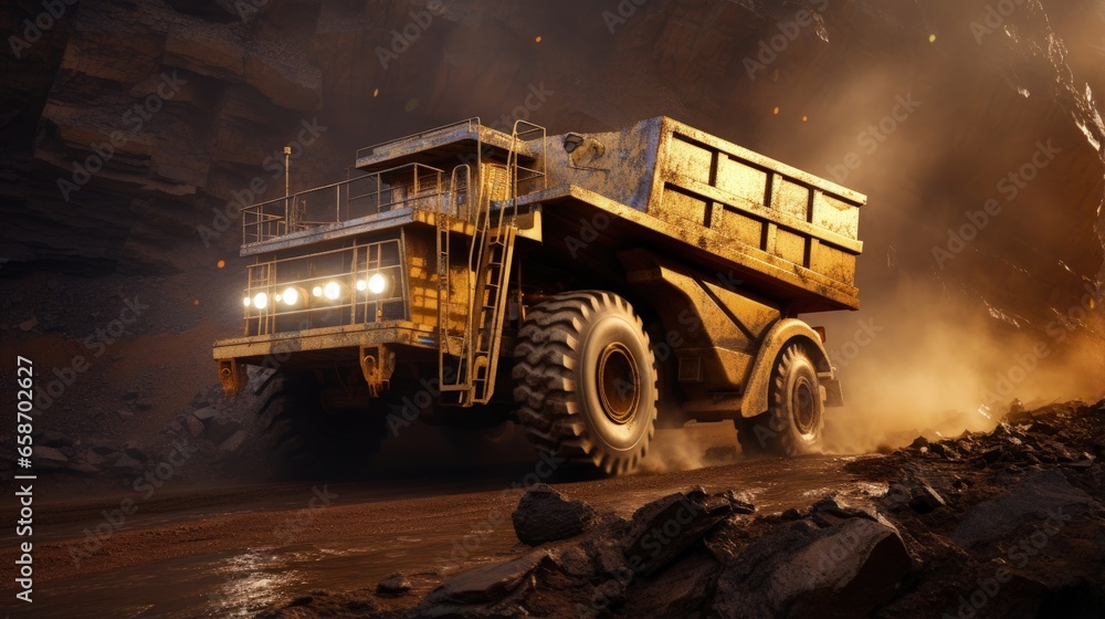 Poster dump truck pictured on open pit coal mine used for transporting coal as mining machinery