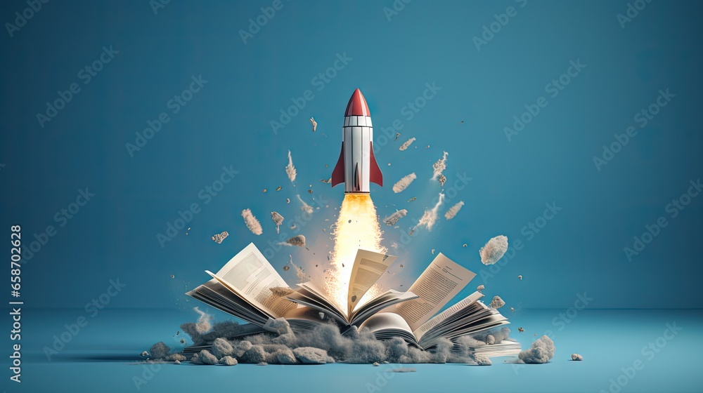 Poster 3d rendering of a rocket ship launched from a book pile on a subtle blue background representing the
