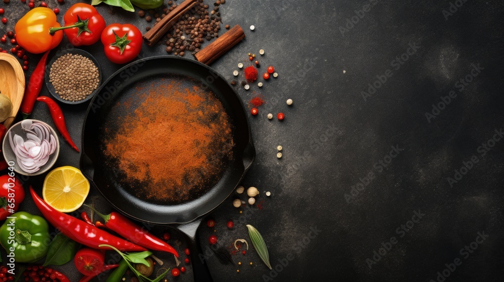 Poster ingredients needed empty cast iron skillet pepper and spices food theme with space for text