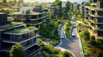 Ecologically sustainable residential area with green buildings and low energy apartments - obrazy, fototapety, plakaty