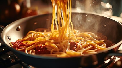 Cooking homemade Italian pasta man dropping spaghetti into boiling water Closeup Horizontal