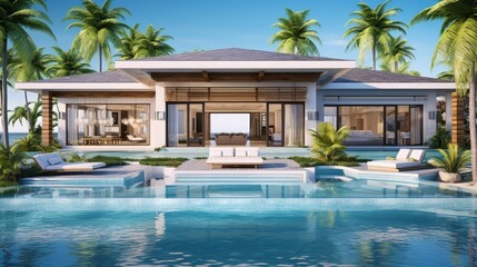 Luxurious decor house with large pool pergola palm trees and whirlpool 3D illustration