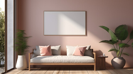 Gallery wall mockup in interior, 3d render. Home mockup, modern living room, minimalistic. Generative AI