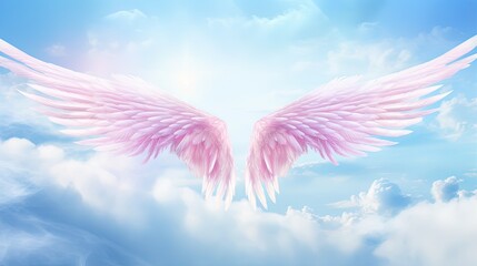 Beautiful angelic wings with bright white light between flying in a serene ethereal sky backdrop...