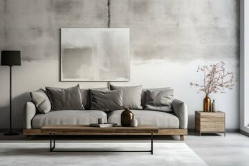 Modern living space featuring a gray couch, stylish coffee table, and empty wall. Generative AI