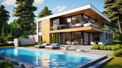 Fototapeta na wymiar 3D rendering of a modern house with parking and pool available for sale or rent featuring a wooden facade and attractive landscaping set against a sunny blue sky