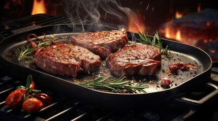 Chef grilling seasoned steak wrapped in bacon