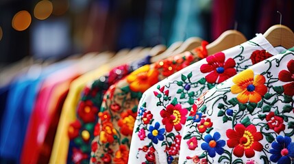 Close up of ethnic textile designs on embroidered traditional shirts of Ukrainian slavic women and men showcased at an outdoor flea market in Lviv Ukraine - obrazy, fototapety, plakaty