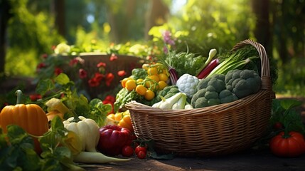 Assorted organic vegetables in a garden wicker basket - obrazy, fototapety, plakaty