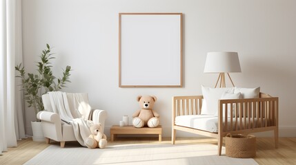 Mock up frame in children room with natural wooden furniture, 3D render. Minimalistic, nudes color tones. Generative AI