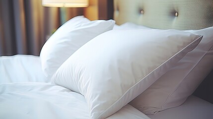 Clean pillowcases on anatomical pillows with latex memory foam material in a hotel room promoting healthy sleeping recreation and relaxation in a bedroom with white linen
