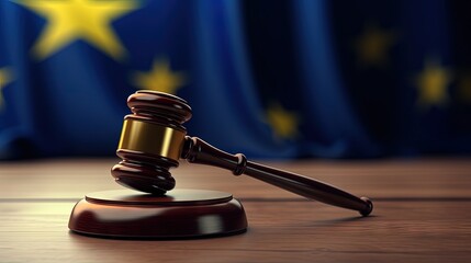 EU flag behind judge s wooden gavel in 3D representation Regional judiciary