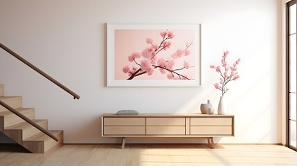 Gallery wall mockup in interior, 3d render. Home mockup, modern living room, minimalistic. Generative AI
