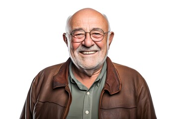 Obraz premium Portrait of a smiling senior man in jeans jacket and glasses on white background