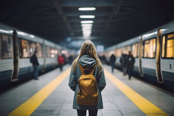 Back view of young female backpacker stand on platform waiting subway train in underground station