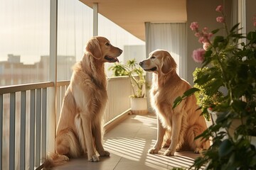 Two elderly golden retriever dogs standing on a balcony in a contemporary apartment complex. Generative AI - obrazy, fototapety, plakaty
