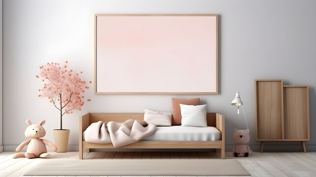 Mock up frame in children room with natural wooden furniture, 3D render. Minimalistic, nudes color tones. Generative AI