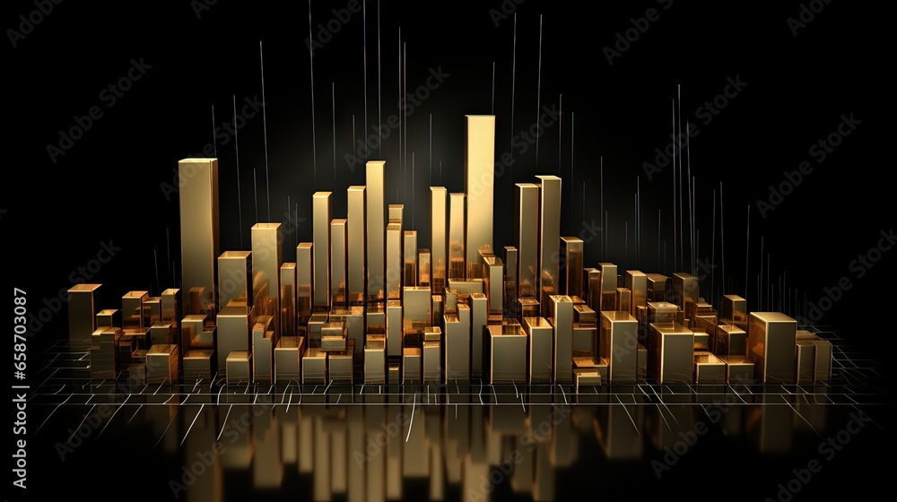Poster 3d chart with golden finance theme on dark background