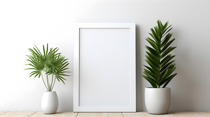 Mockup white poster frame close up on white wall, minimalistic. Modern Room interior, green plant Generative AI