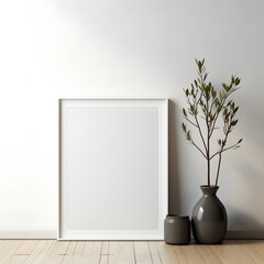 Mockup white poster frame close up on white wall, minimalistic. Modern Room interior, green plant Generative AI