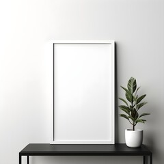 Mockup white poster frame close up on white wall, minimalistic. Modern Room interior, green plant Generative AI