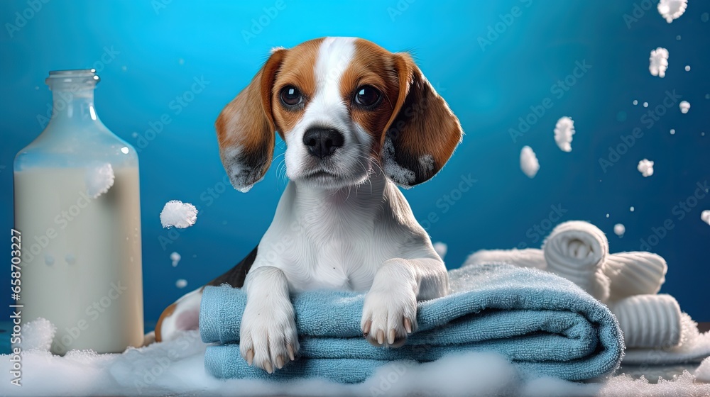 Poster Clean beagle in a towel with bubbles on a blue background with grooming products