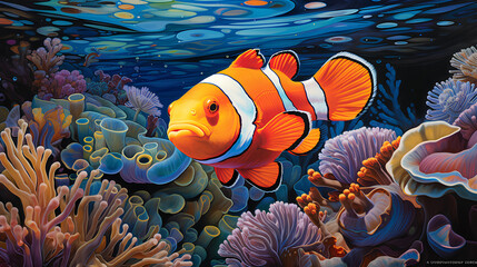 a clown fish swimming in the ocean, in the style of vibrant acrylic colors