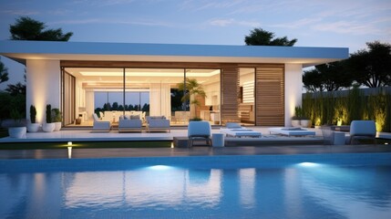 Fototapeta premium Illuminate the modern style white house s swimming pool terrace with indoor lighting and gray furniture for a 3D rendered nighttime ambiance