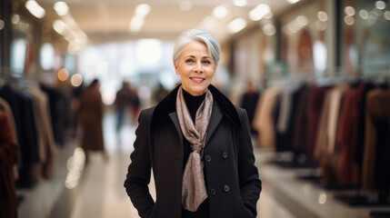 This image features a happy mature woman in an elegant coat, enjoying her shopping spree during a mall sale.