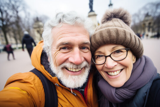 Happy senior couple smiling at camera outdoors,  taking selfie picture with smartphone, life style concept with pensioners having fun together on winter holiday in Paris