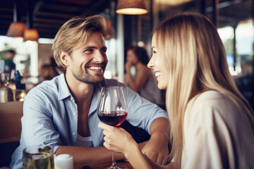 Happy young couple sitting in restaurant, smiling, enjoying good food and wine