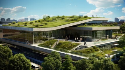 Eco friendly city library with a green rooftop - Powered by Adobe