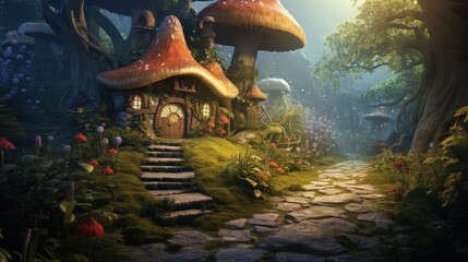 Enchanting woodland pathway adorned with magical creatures and a cozy mushroom home set amidst misty scenery Perfect for backdrop or background with a fairy tale theme © vxnaghiyev